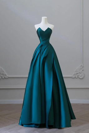 A Line Satin Floor Length Prom Dress, Blue Strapless Evening Party Dress KPP2118