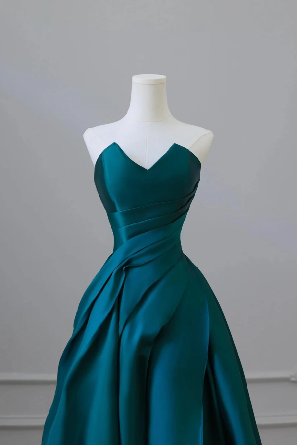 A Line Satin Floor Length Prom Dress, Blue Strapless Evening Party Dress KPP2118