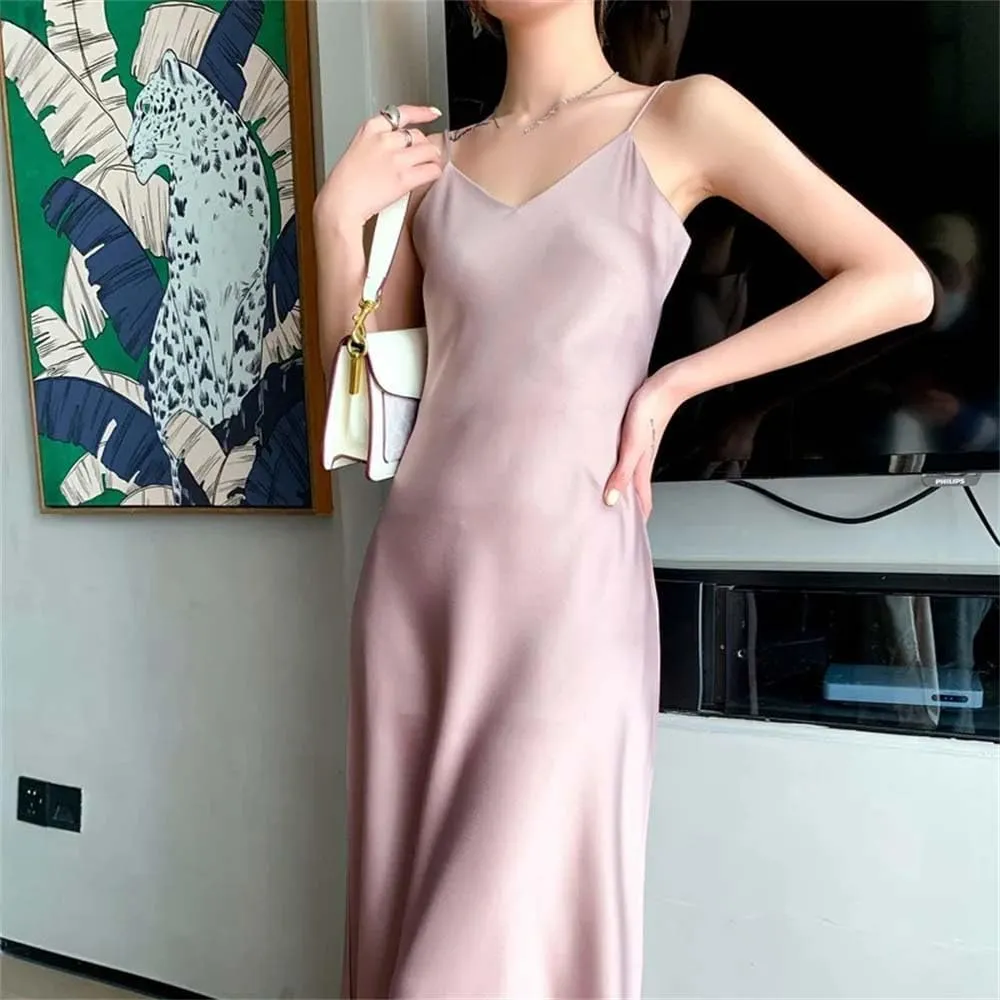 Adhdyuud Women's Elegant Silk Satin Slip Dress Summer Sleeveless V Neck Spaghetti Strap Dresses