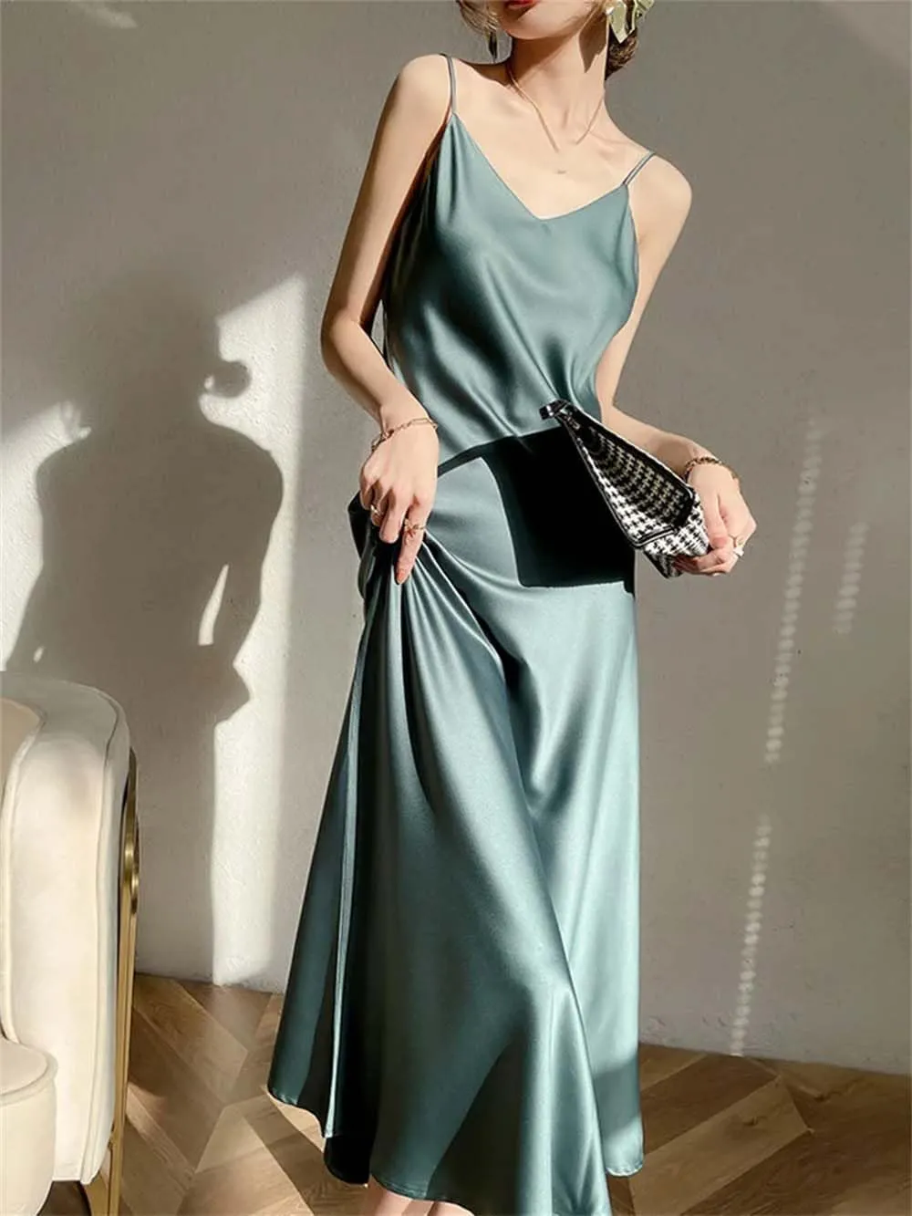 Adhdyuud Women's Elegant Silk Satin Slip Dress Summer Sleeveless V Neck Spaghetti Strap Dresses