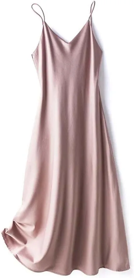 Adhdyuud Women's Elegant Silk Satin Slip Dress Summer Sleeveless V Neck Spaghetti Strap Dresses