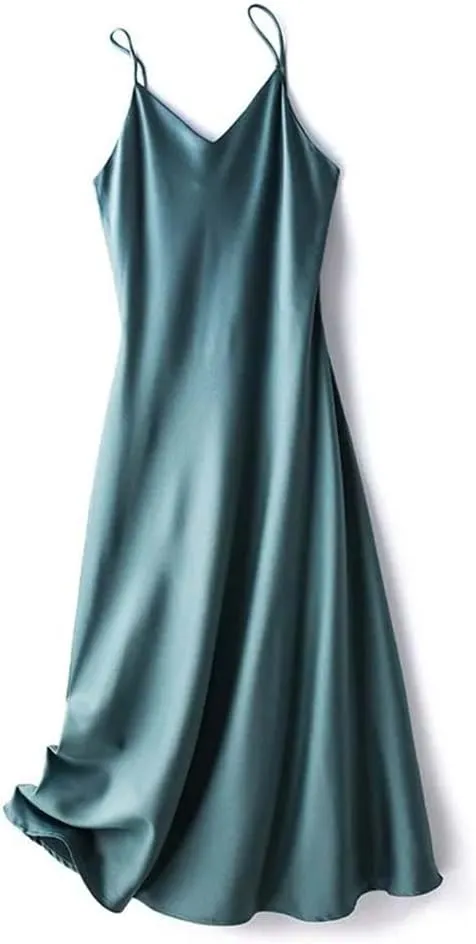 Adhdyuud Women's Elegant Silk Satin Slip Dress Summer Sleeveless V Neck Spaghetti Strap Dresses