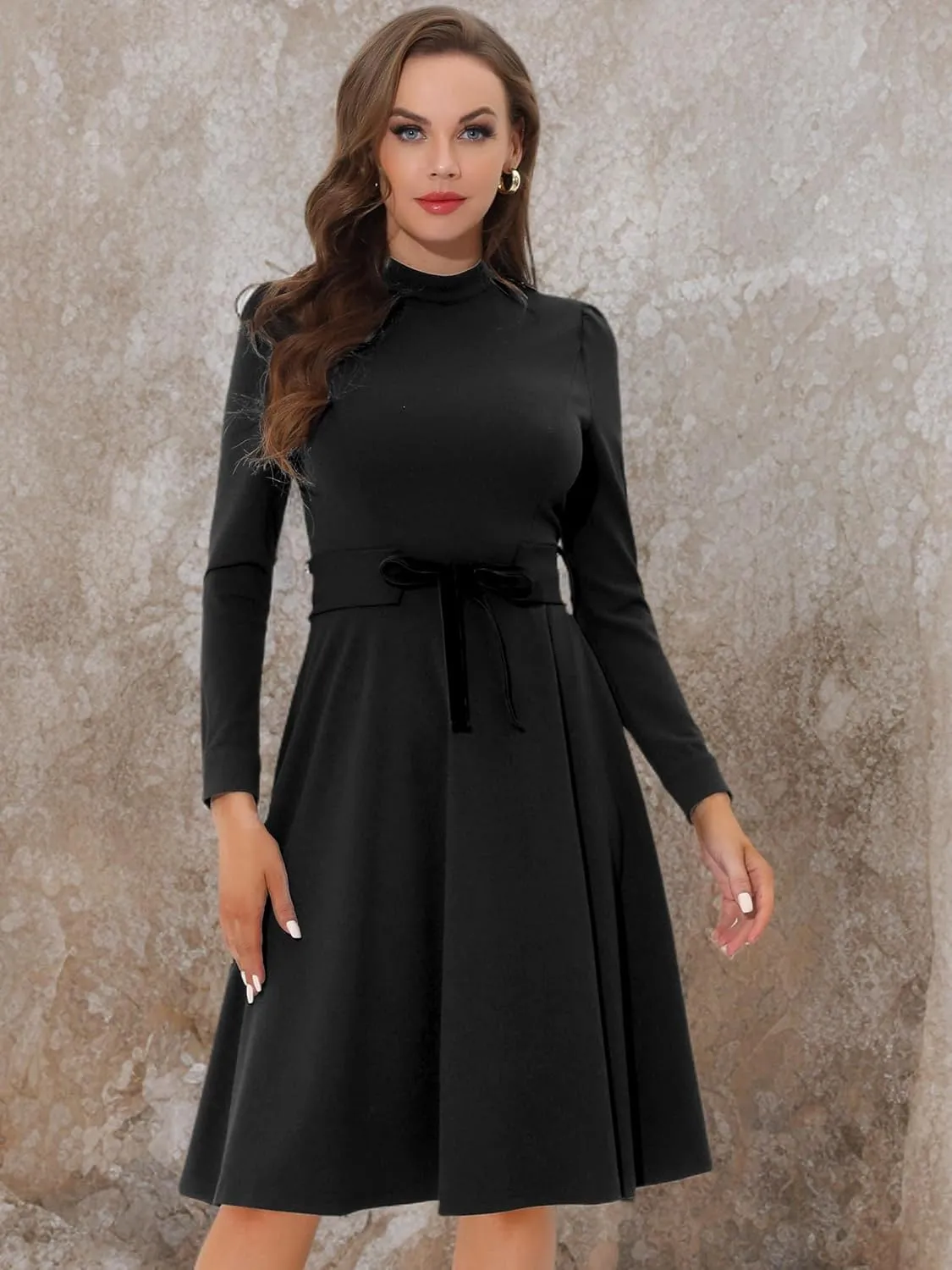 Allegra K Women's Elegant Work Sheath Dress Mock Neck Long Sleeve Knee Length Dress