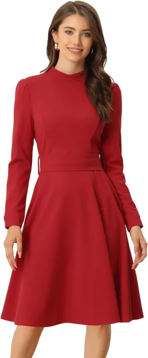 Allegra K Women's Elegant Work Sheath Dress Mock Neck Long Sleeve Knee Length Dress