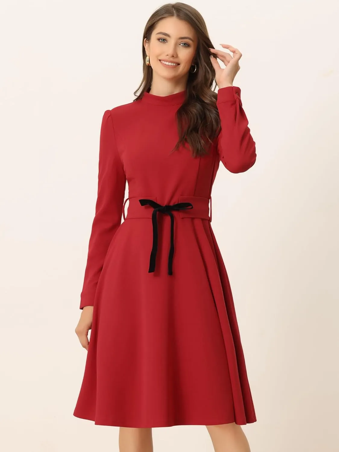 Allegra K Women's Elegant Work Sheath Dress Mock Neck Long Sleeve Knee Length Dress