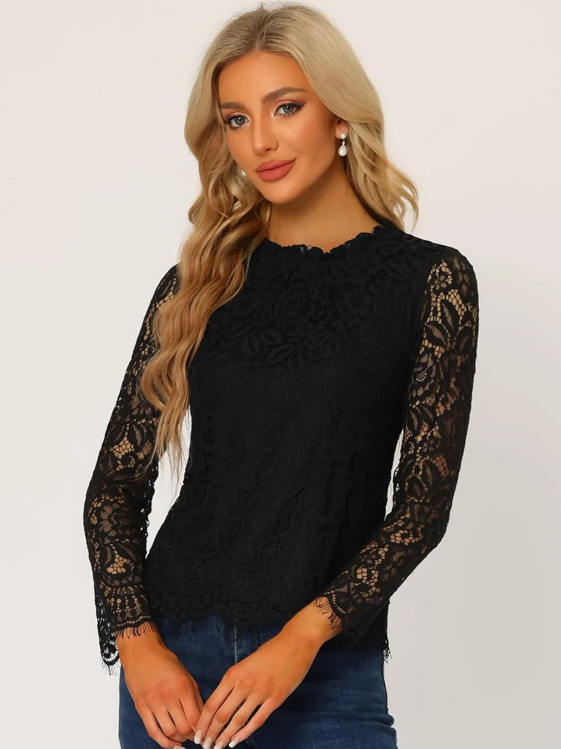 Allegra K Women's Lace Top Long Sleeve Ruffle Neck Floral Blouse