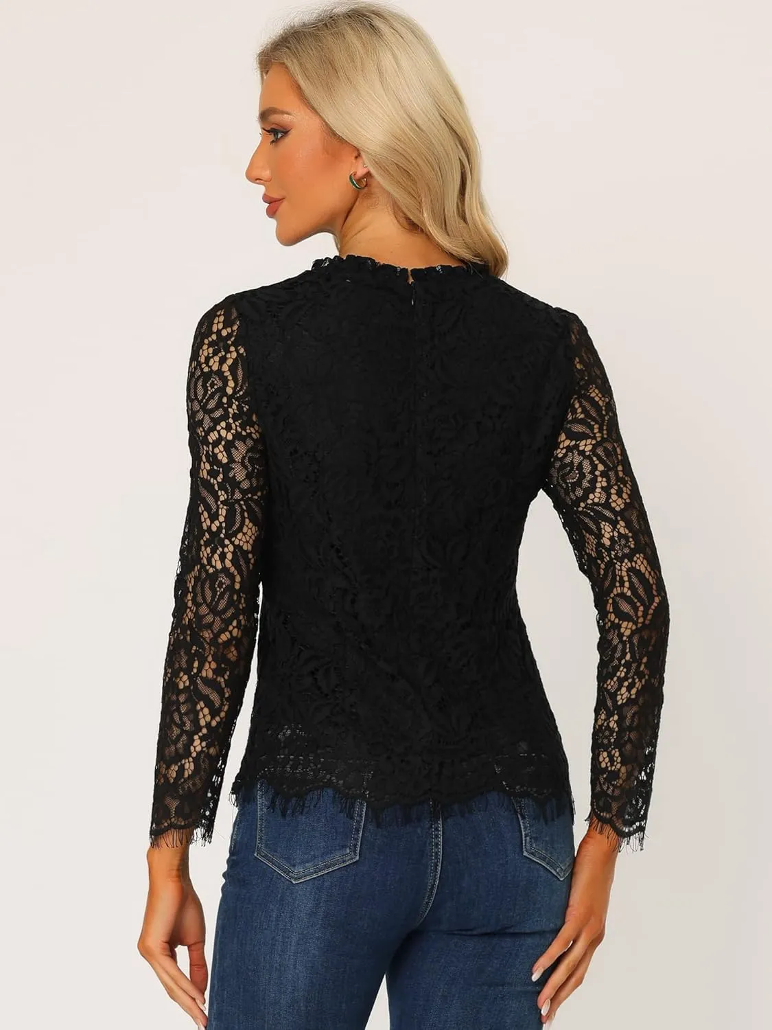 Allegra K Women's Lace Top Long Sleeve Ruffle Neck Floral Blouse
