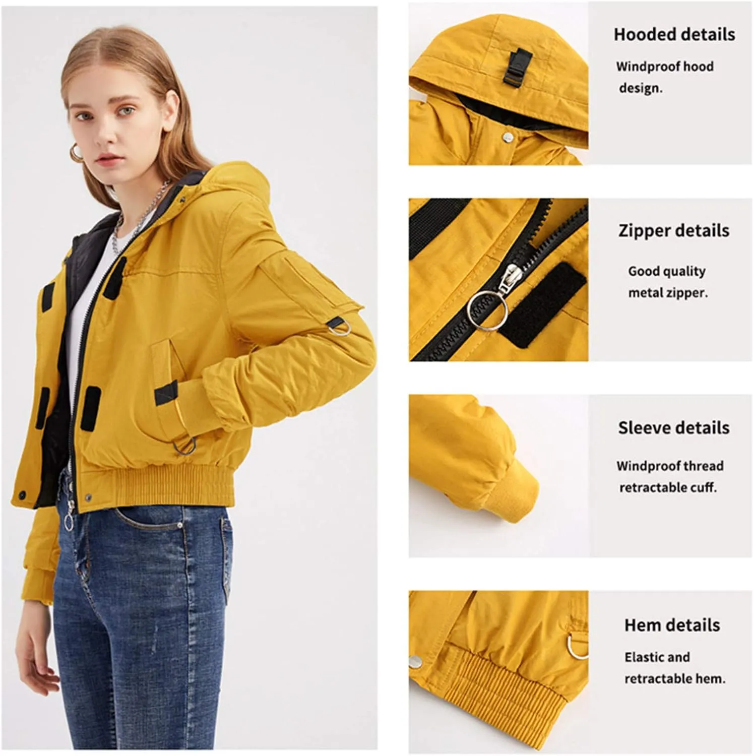 Andongnywell Women's Zipper Front Casual PU Leather Cropped Jacket Long Sleeve Long Sleeve Short Jacket (Yellow,Medium)