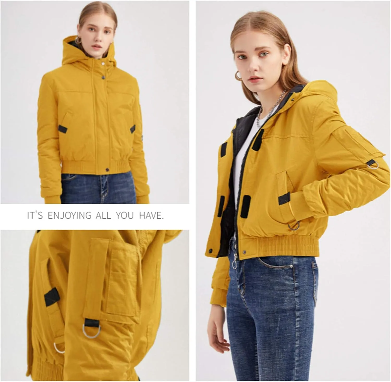 Andongnywell Women's Zipper Front Casual PU Leather Cropped Jacket Long Sleeve Long Sleeve Short Jacket (Yellow,Medium)