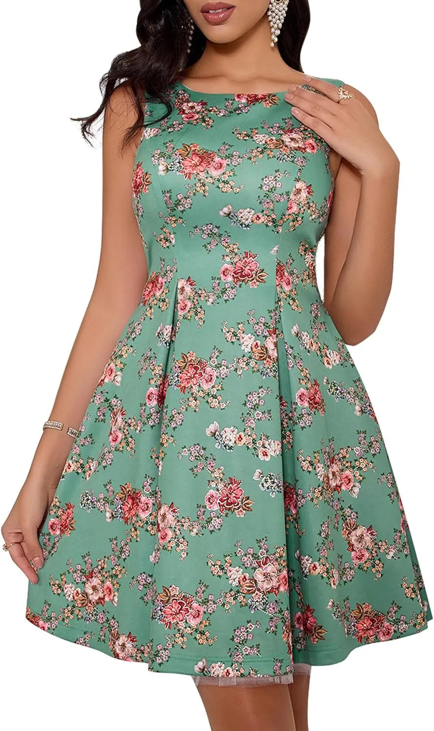 Angel-fashions Women's Green Tea Party Dress Floral Vintage Swing Sleeveless Formal Cocktail Dress Midi Wedding Guest Dress