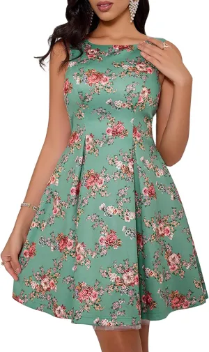 Angel-fashions Women's Green Tea Party Dress Floral Vintage Swing Sleeveless Formal Cocktail Dress Midi Wedding Guest Dress