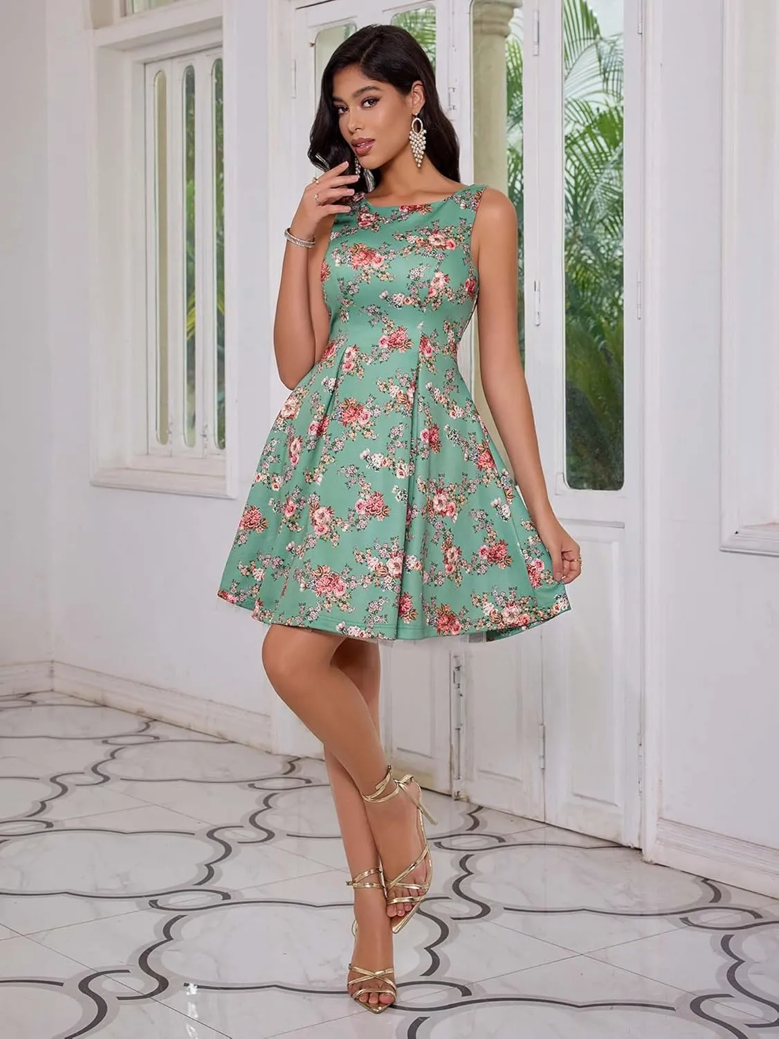 Angel-fashions Women's Green Tea Party Dress Floral Vintage Swing Sleeveless Formal Cocktail Dress Midi Wedding Guest Dress