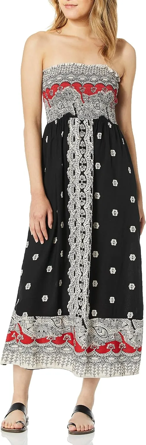 Angie Women's Printed Smocked Bodice Strapless Maxi Dress