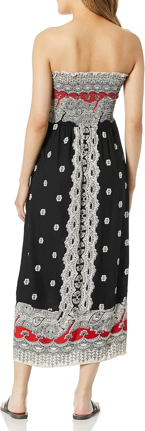 Angie Women's Printed Smocked Bodice Strapless Maxi Dress