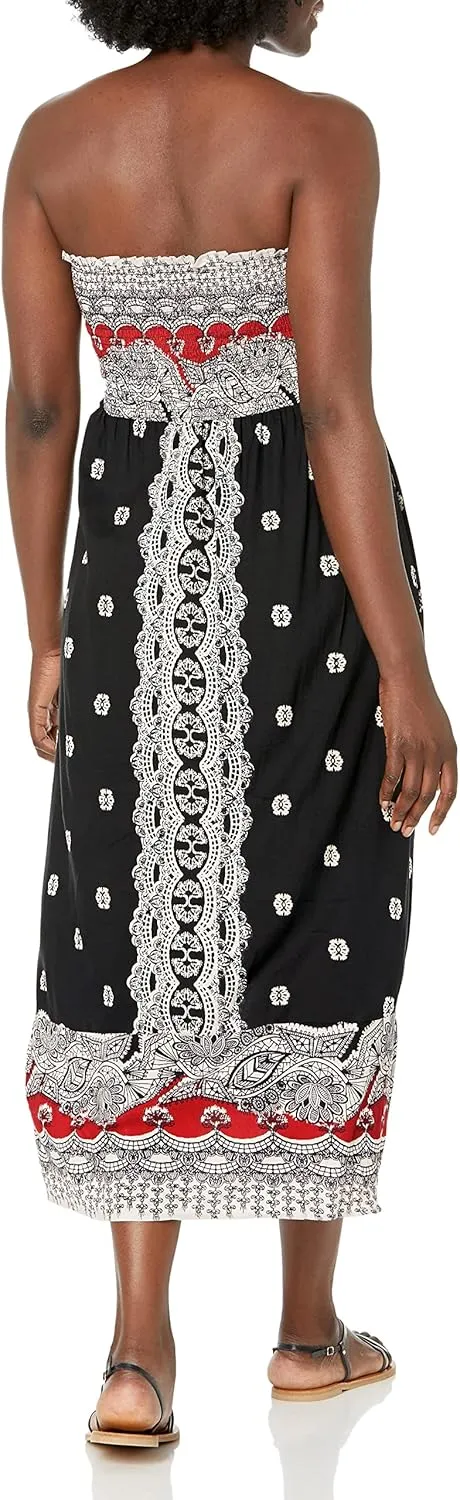 Angie Women's Printed Smocked Bodice Strapless Maxi Dress