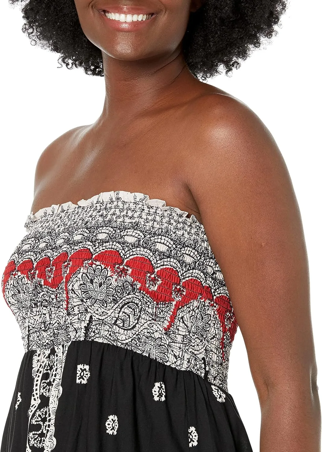 Angie Women's Printed Smocked Bodice Strapless Maxi Dress