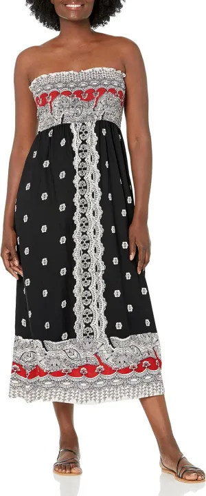 Angie Women's Printed Smocked Bodice Strapless Maxi Dress