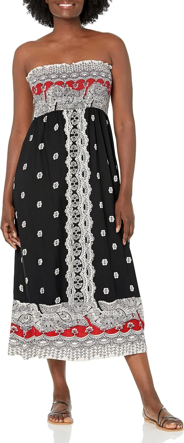 Angie Women's Printed Smocked Bodice Strapless Maxi Dress