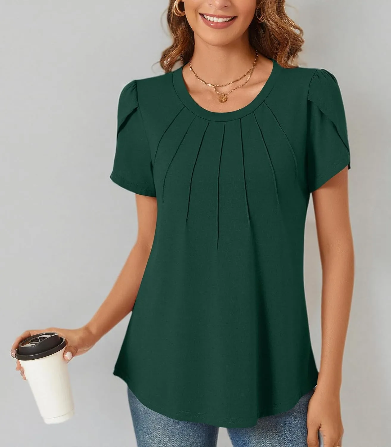 Anyhold Womens Tops Dressy Casual Summer Short Sleeve Blouse Dress Shirt