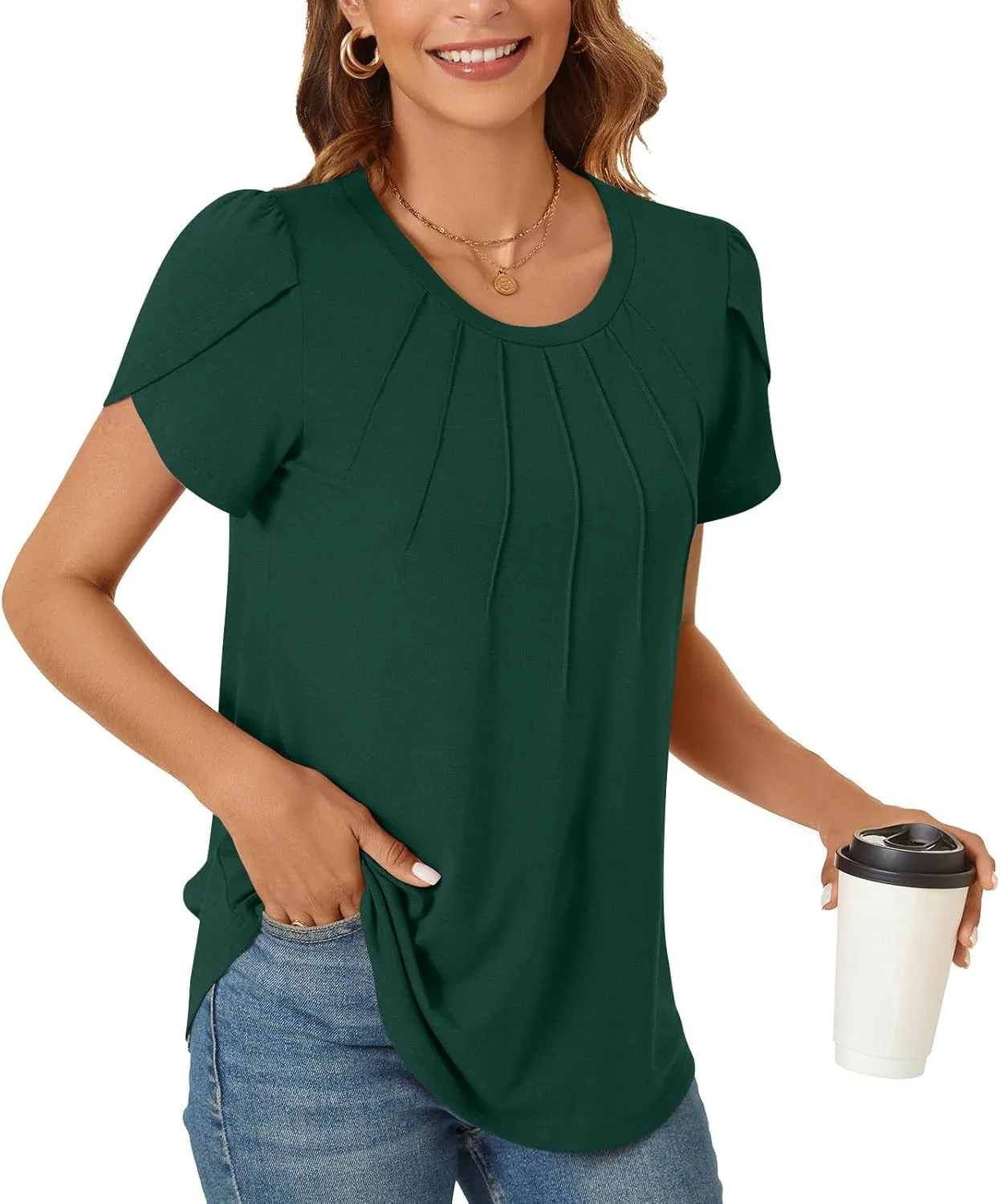 Anyhold Womens Tops Dressy Casual Summer Short Sleeve Blouse Dress Shirt