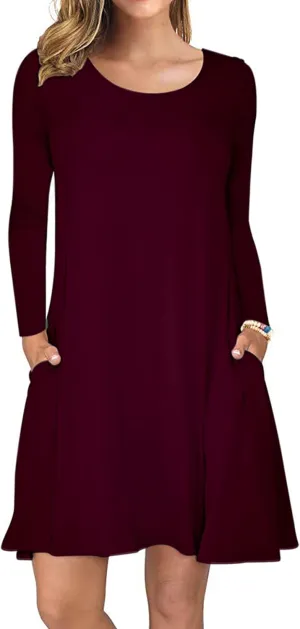 AUSELILY Women's Long Sleeve Casual Swing T-Shirt Dresses with Pockets (L,Wine Red)