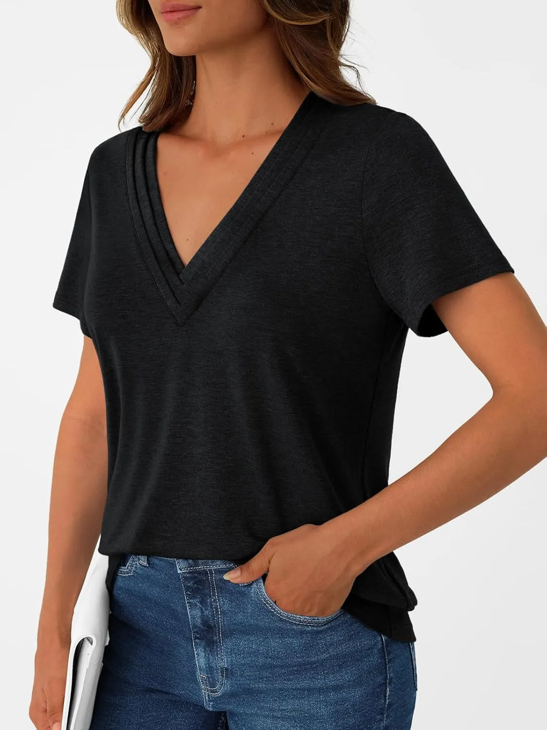 AUTOMET Pleated V Neck Shirts Short Sleeve Summer Business Casual Tops