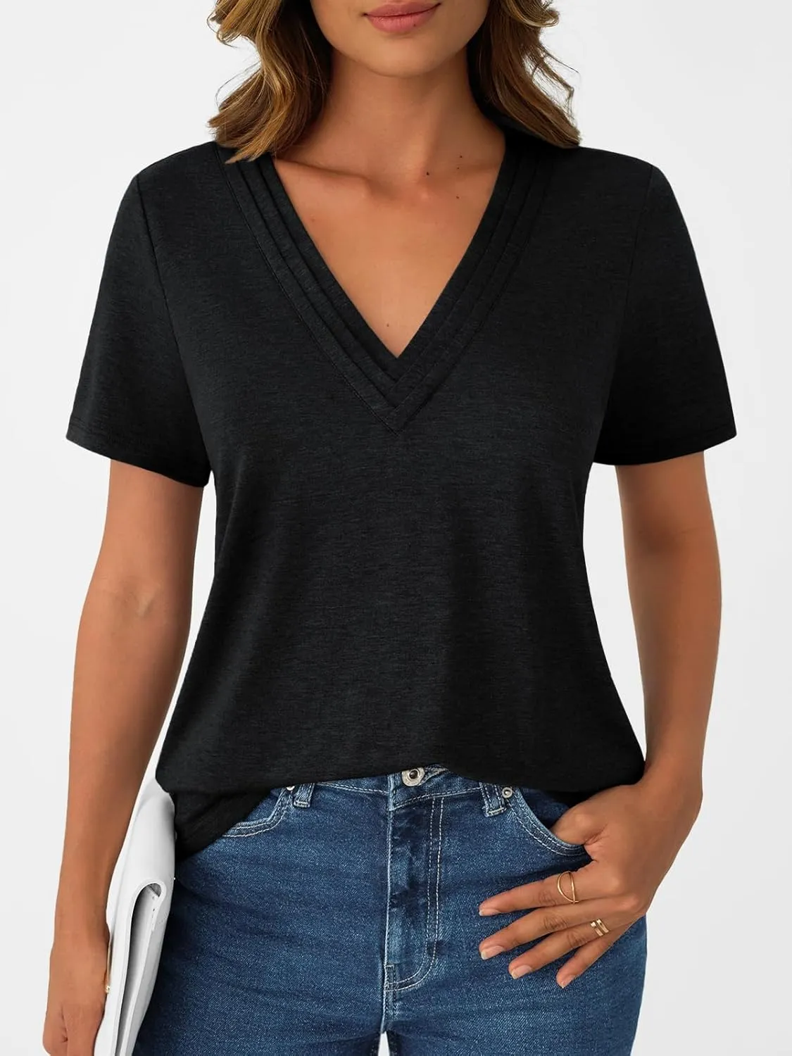 AUTOMET Pleated V Neck Shirts Short Sleeve Summer Business Casual Tops