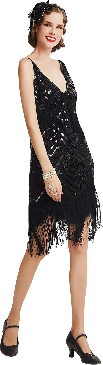 BABEYOND Women's 1920s Flapper Dress V Neck Slip Dress Roaring 20s Great Gatsby Dress for Party