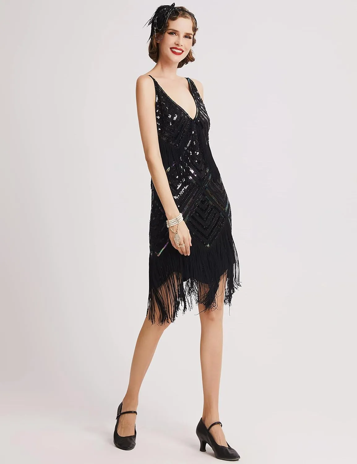 BABEYOND Women's 1920s Flapper Dress V Neck Slip Dress Roaring 20s Great Gatsby Dress for Party