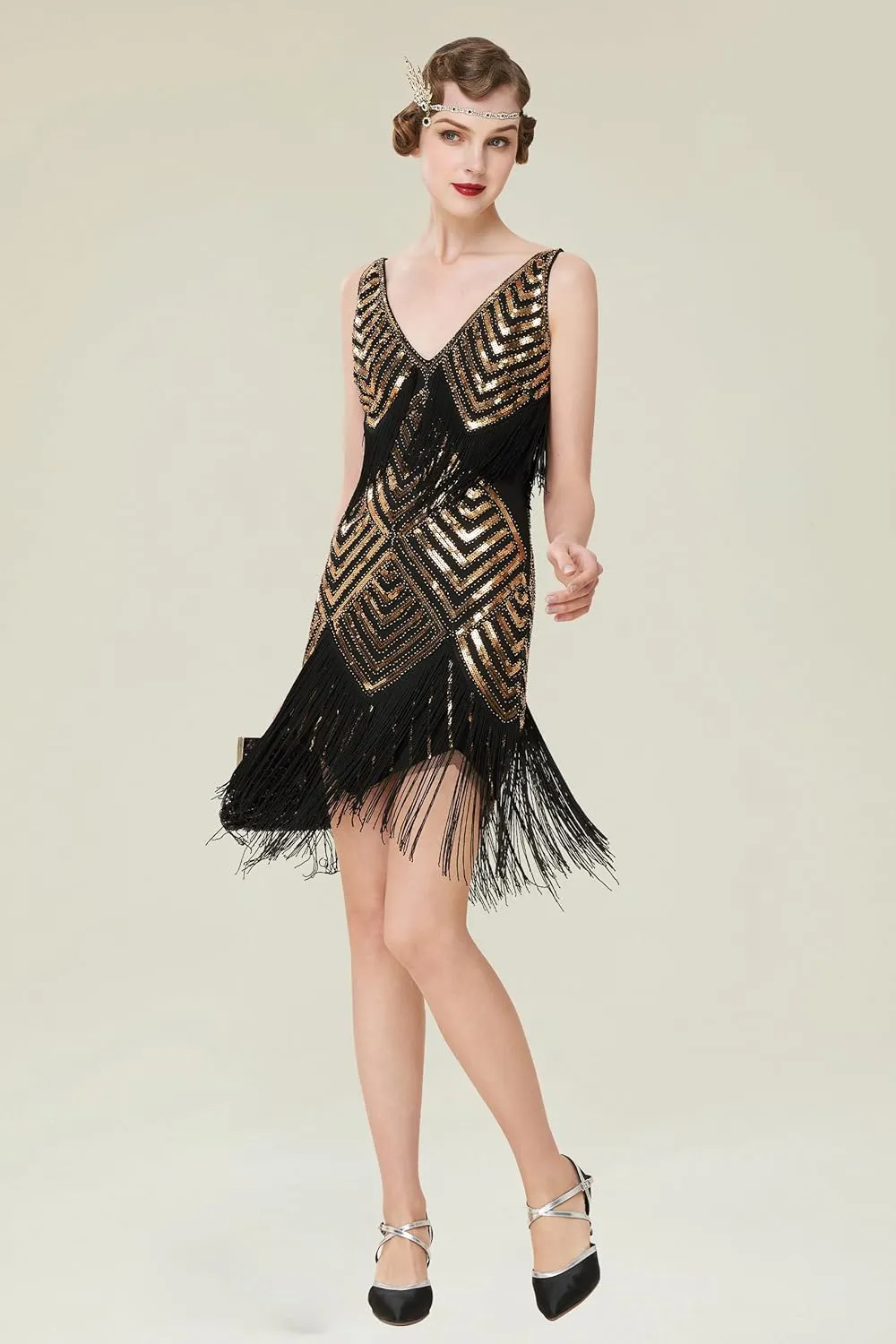 BABEYOND Women's 1920s Flapper Dress V Neck Slip Dress Roaring 20s Great Gatsby Dress for Party