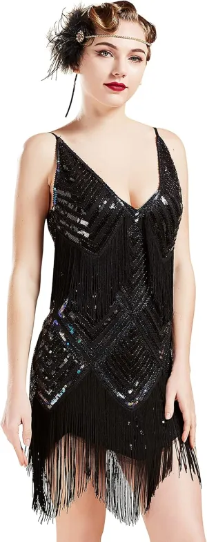 BABEYOND Women's 1920s Flapper Dress V Neck Slip Dress Roaring 20s Great Gatsby Dress for Party