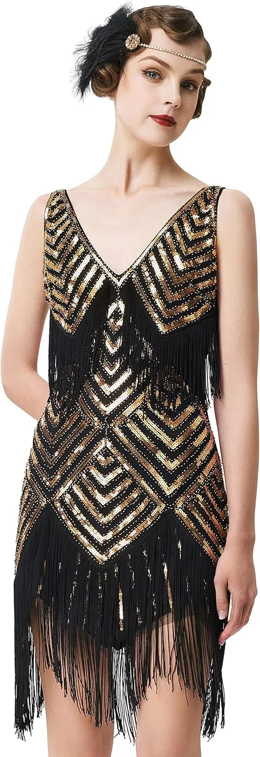 BABEYOND Women's 1920s Flapper Dress V Neck Slip Dress Roaring 20s Great Gatsby Dress for Party