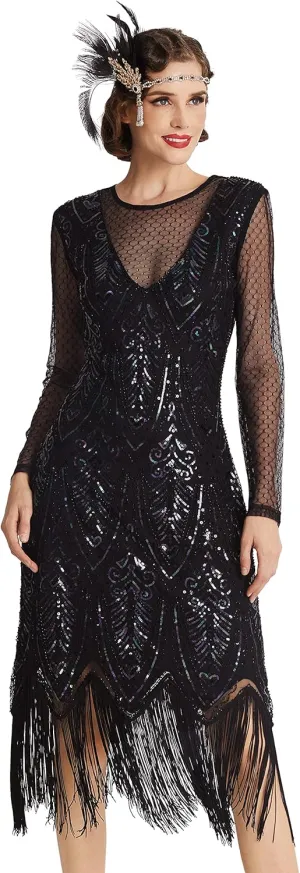 BABEYOND Women's Gatsby Flapper Dress - 1920s Long Sleeves Sequin Beaded Dress for Party Black
