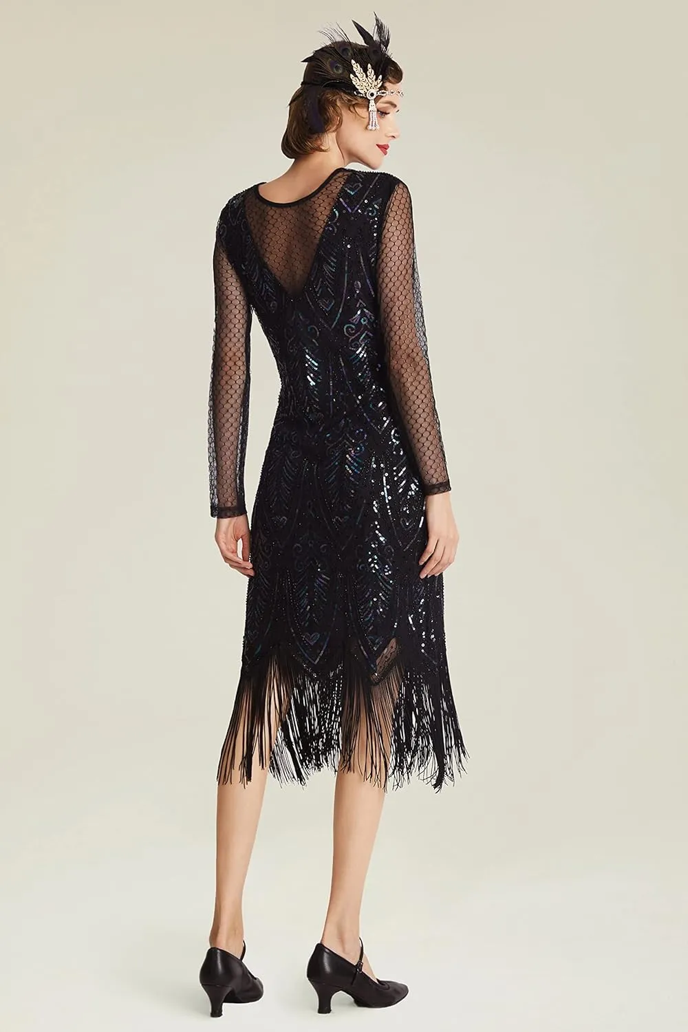 BABEYOND Women's Gatsby Flapper Dress - 1920s Long Sleeves Sequin Beaded Dress for Party Black