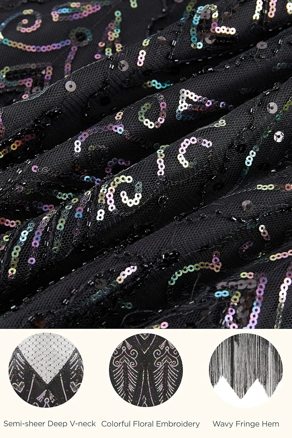 BABEYOND Women's Gatsby Flapper Dress - 1920s Long Sleeves Sequin Beaded Dress for Party Black