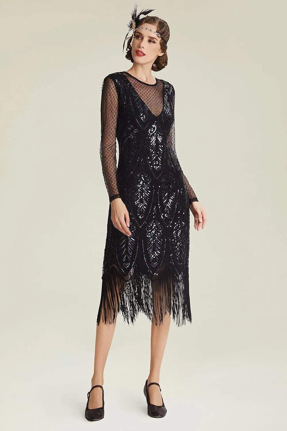 BABEYOND Women's Gatsby Flapper Dress - 1920s Long Sleeves Sequin Beaded Dress for Party Black