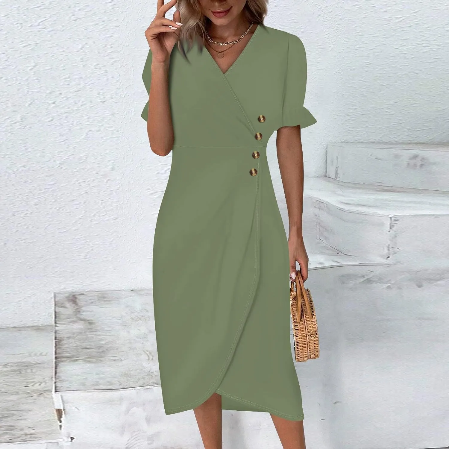Beach Dresses for Women,2025 Spring Trendy Floral Boho Dress,Elegant V Neck Short Sleeve Irregular Hem Midi Dress