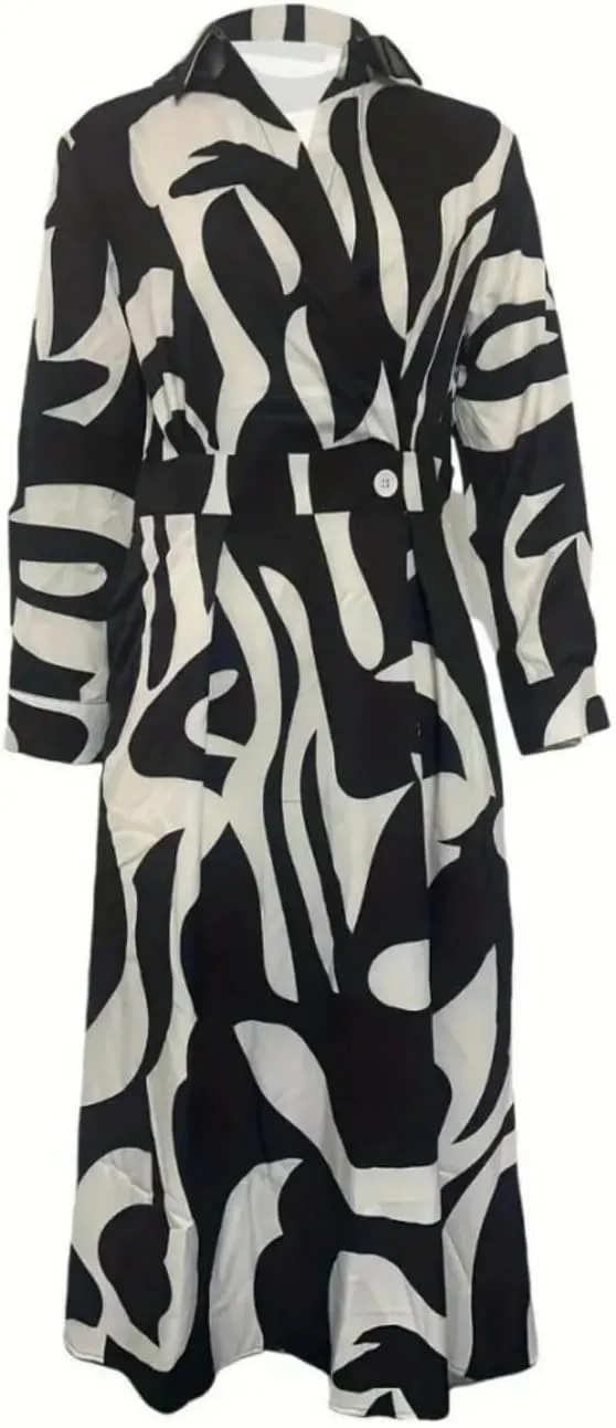 Bengbobar Womens Plus Size Leopard Print Shirt Dress with Pockets - V-Neck, Long Sleeves, A-Line, Maxi, White