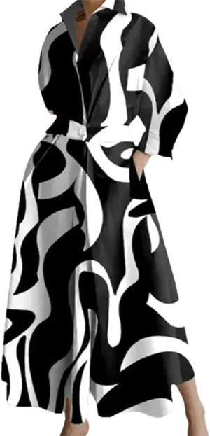 Bengbobar Womens Plus Size Leopard Print Shirt Dress with Pockets - V-Neck, Long Sleeves, A-Line, Maxi, White