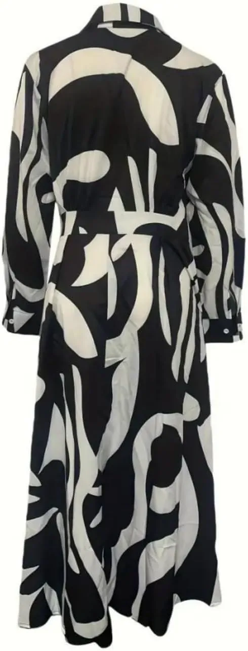 Bengbobar Womens Plus Size Leopard Print Shirt Dress with Pockets - V-Neck, Long Sleeves, A-Line, Maxi, White