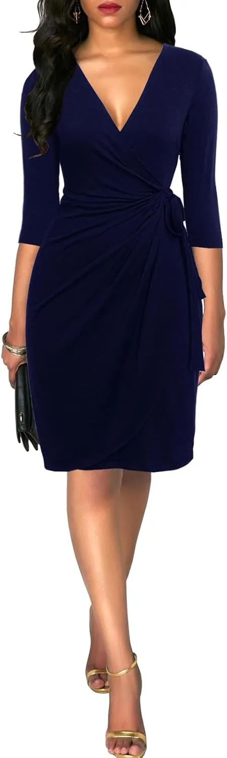 Berydress Women's Classic 3/4 Sleeve V Neck Sheath Casual Party Work Faux Black Wrap Dress