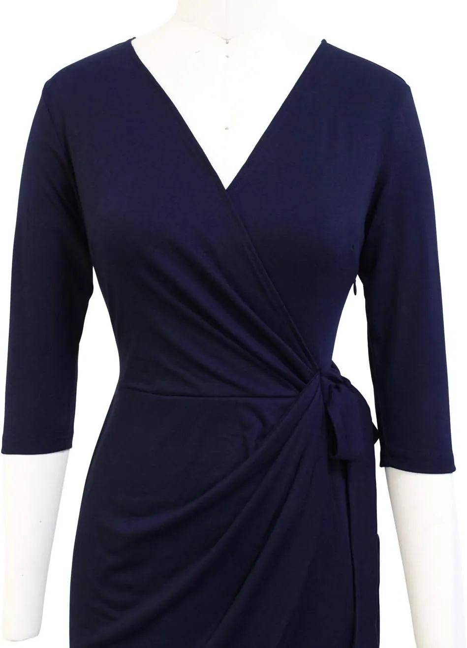 Berydress Women's Classic 3/4 Sleeve V Neck Sheath Casual Party Work Faux Black Wrap Dress