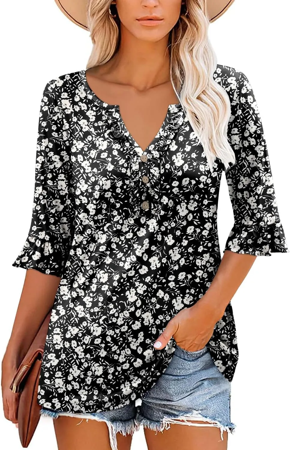 BETTE BOUTIK Womens Summer Tops Small V Neck Pleated Tops Tunic Tops Shirts S-3XL