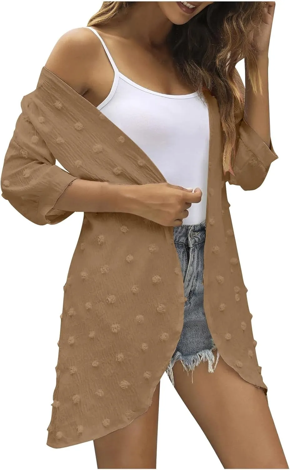 Binmer Swiss Dots Kimono Cardigan for Womens 3/4 Sleeve Lightweight Summer Chiffon Open Front Dusters Loose Beach Cover Up