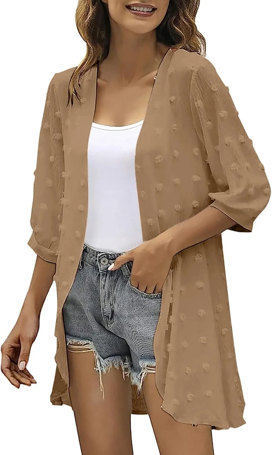 Binmer Swiss Dots Kimono Cardigan for Womens 3/4 Sleeve Lightweight Summer Chiffon Open Front Dusters Loose Beach Cover Up