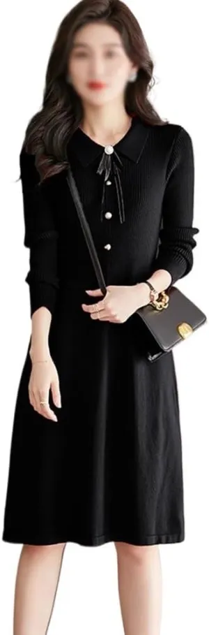 Black Midi Dresses Womens Spring Turtleneck Long Sleeve Sweater Dress Tie Waist Casual Loose Knit