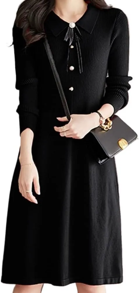 Black Midi Dresses Womens Spring Turtleneck Long Sleeve Sweater Dress Tie Waist Casual Loose Knit