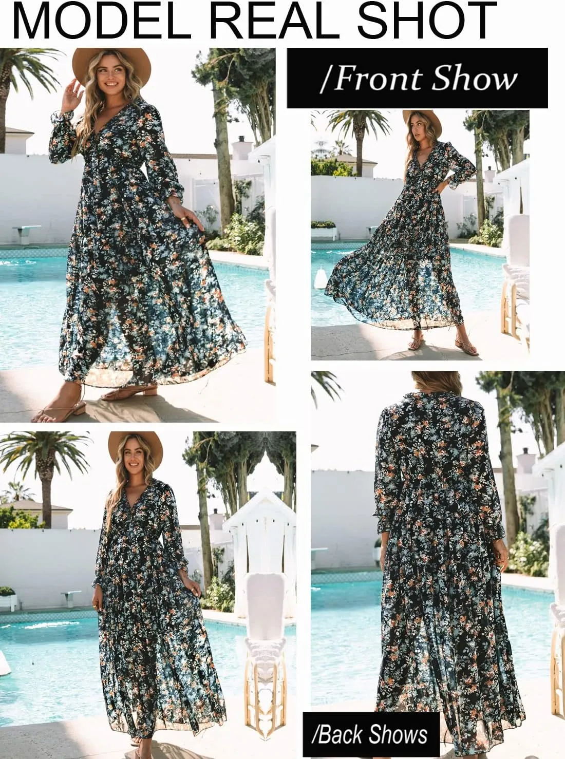 BLENCOT Womens Casual Boho Deep V Neck Short Sleeve Long Dress
