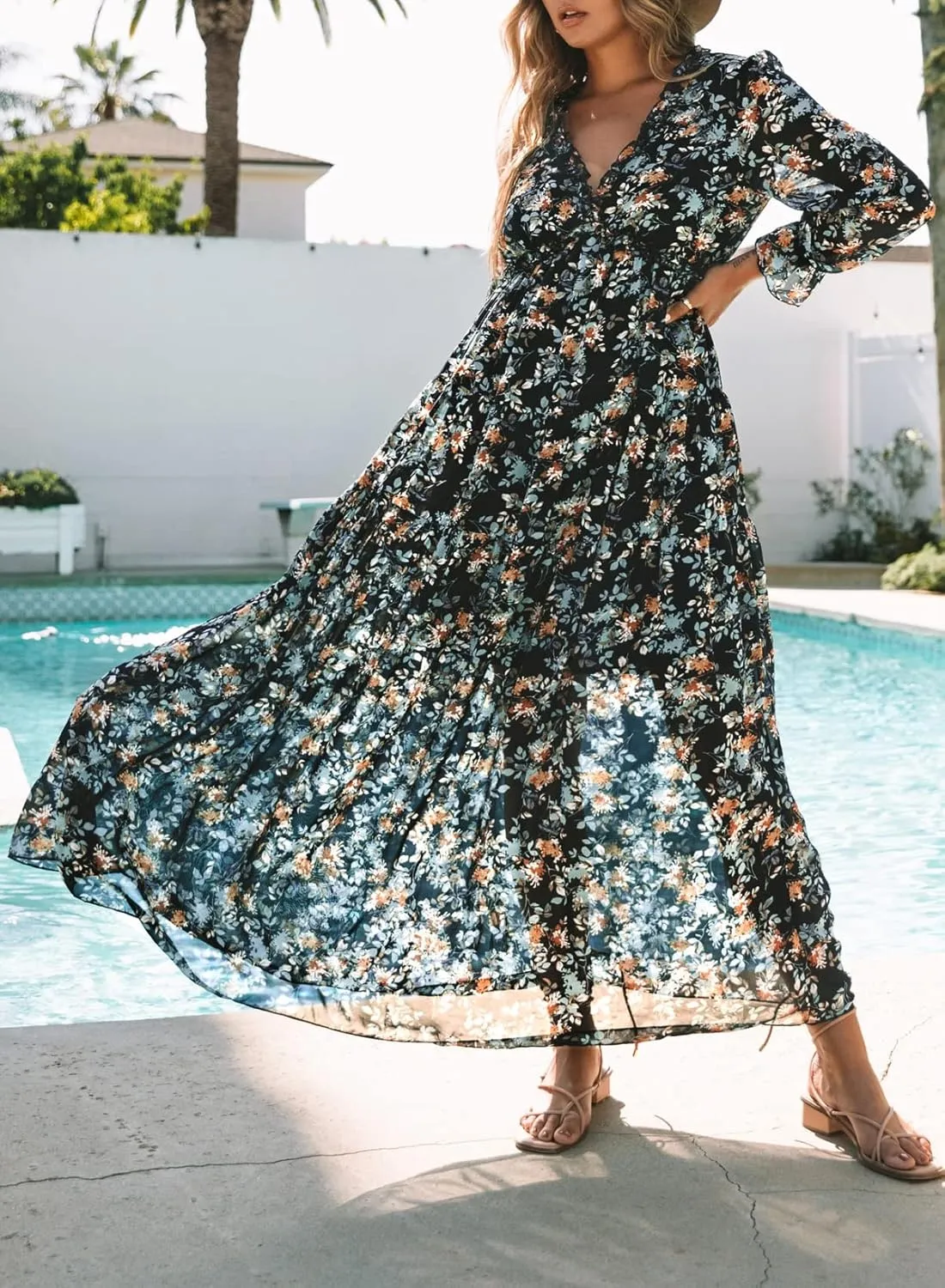 BLENCOT Womens Casual Boho Deep V Neck Short Sleeve Long Dress