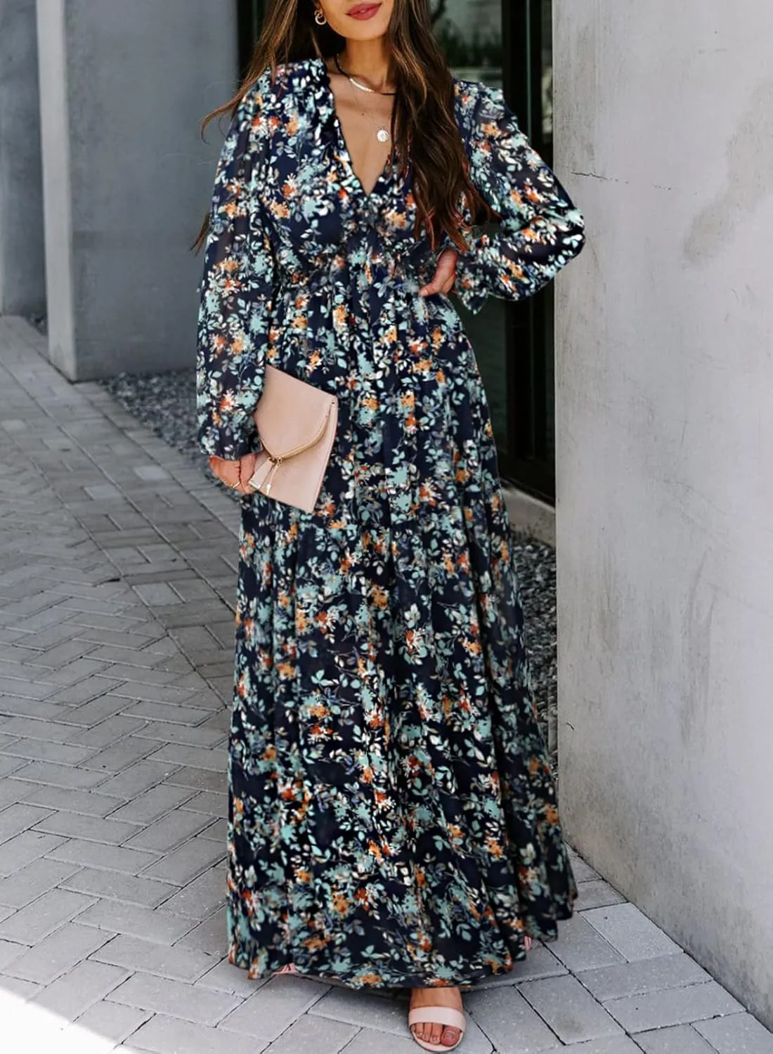 BLENCOT Womens Casual Boho Deep V Neck Short Sleeve Long Dress
